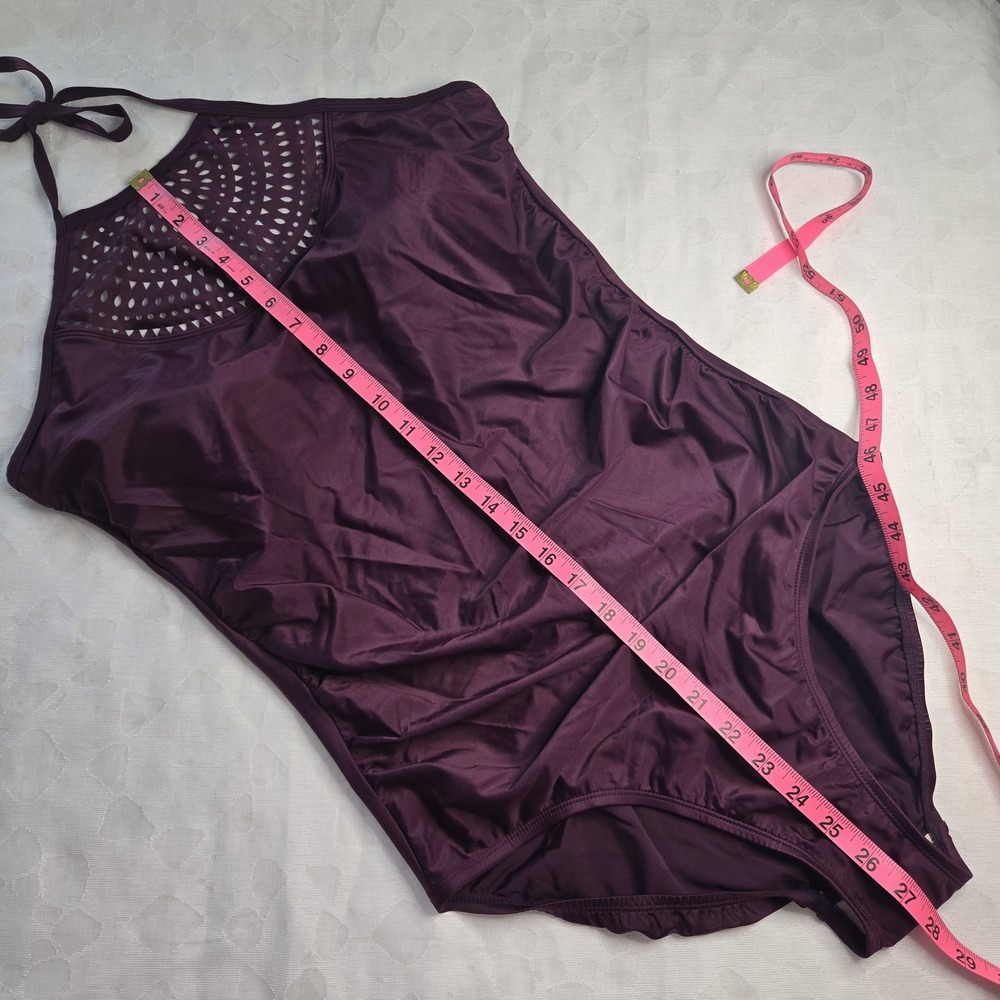 NWT Merona Purple Solid Halter One Piece Swimsuit L Tall Mesh Cutout Padded - Picture 7 of 11